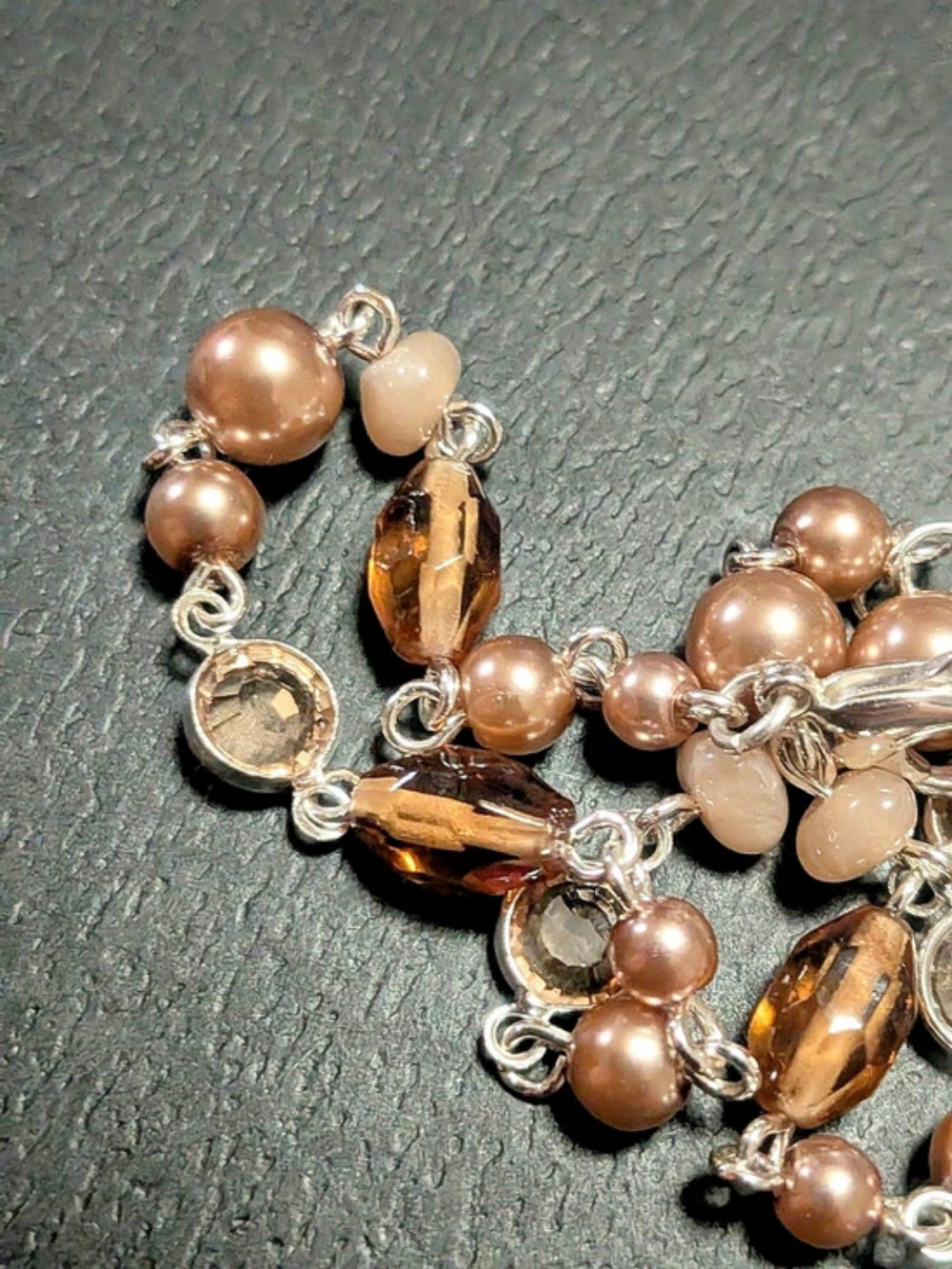 Vtg NAPIER Beaded Necklace Peach Faux Pearl Amber Crystal Silver Tone Signed - Picture 5 of 8